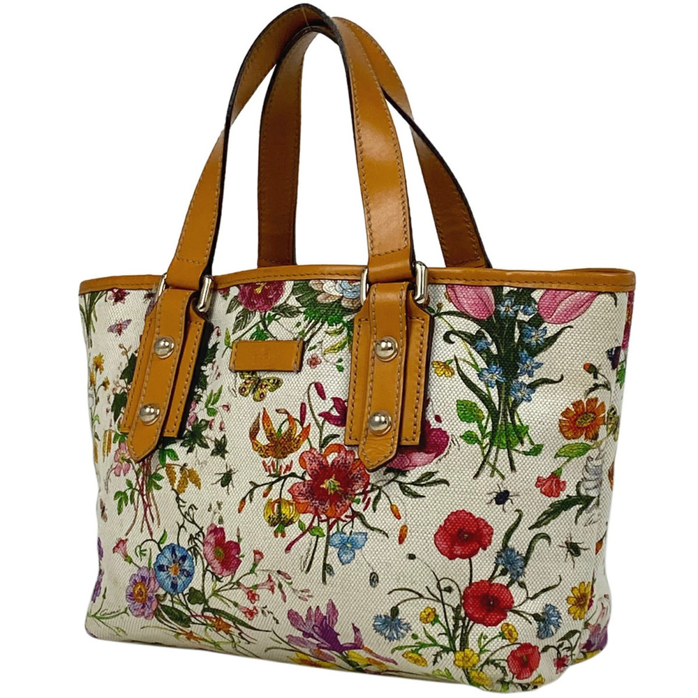 Gucci Flora Flower Tote Bag Handbag Floral Flower Canvas White Multicolor